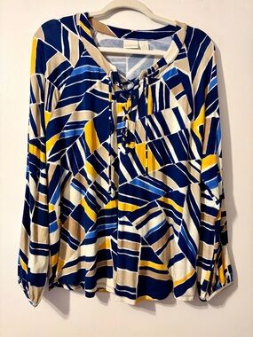 Chico's Navy, Cream & Yellow Lace-Up Geometric Print Tunic 3/$25